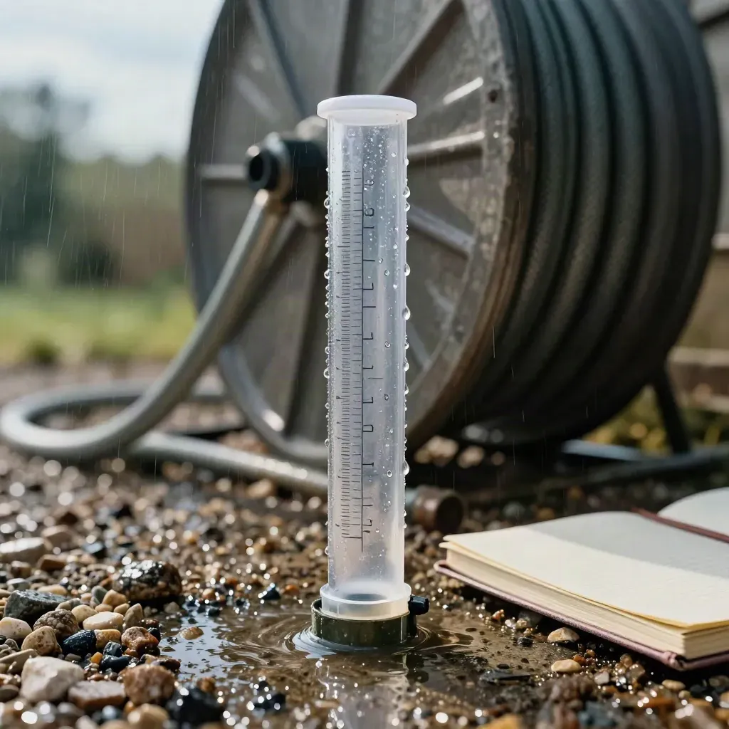 Rain gauge filling in wet gravel beside a hose reel and closed notebook after a shower.