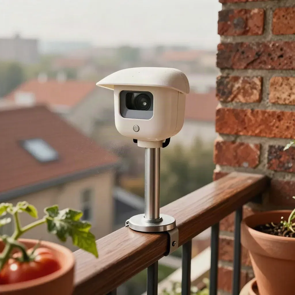 Balcony weather station beside tomatoes, with cups blurred by breeze over city roofs.
