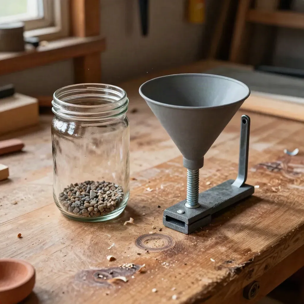 Rain gauge parts laid out on a shed workbench: jar, funnel, gravel, and hose-clamp stand.
