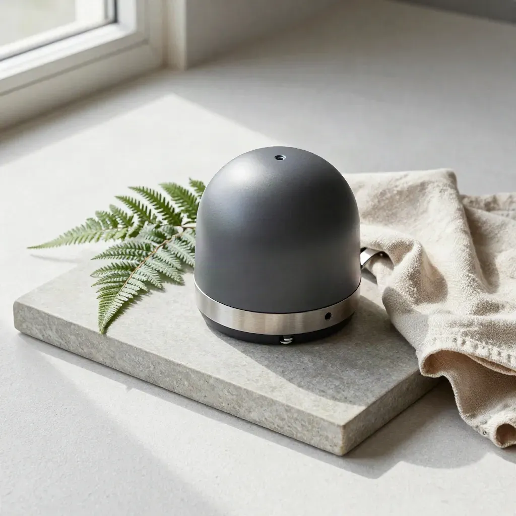 Weather station sensor kit on a stone tray with fern and folded linen.