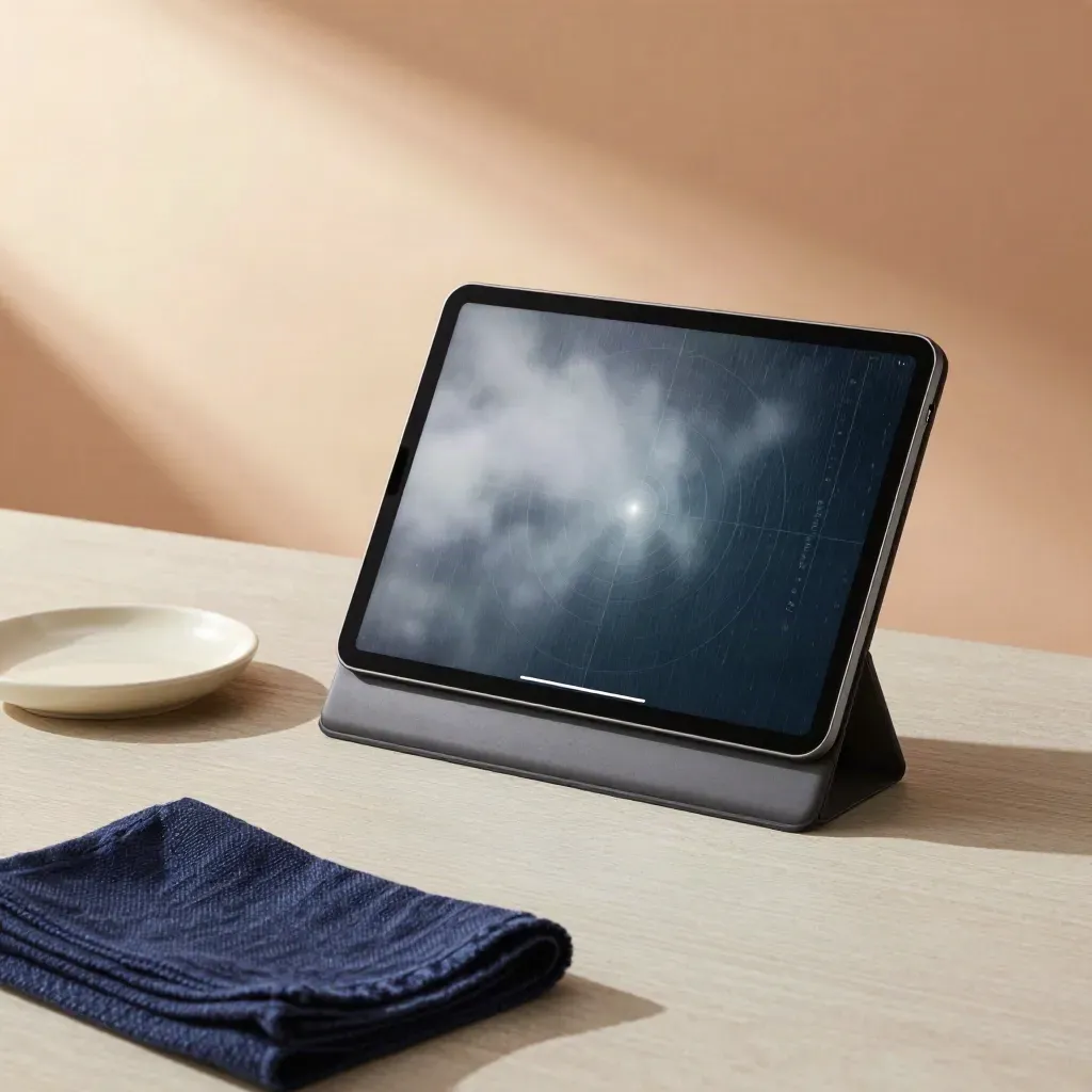 Tablet stand with radar glow, ceramic dish, and folded cloth on a pale wood surface