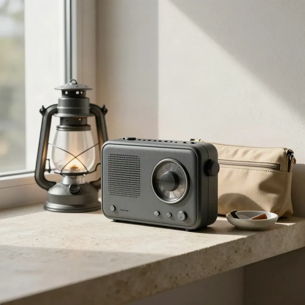 Weather radio, lantern, pouch, and ceramic dish lined up on a stone shelf by a bright window.